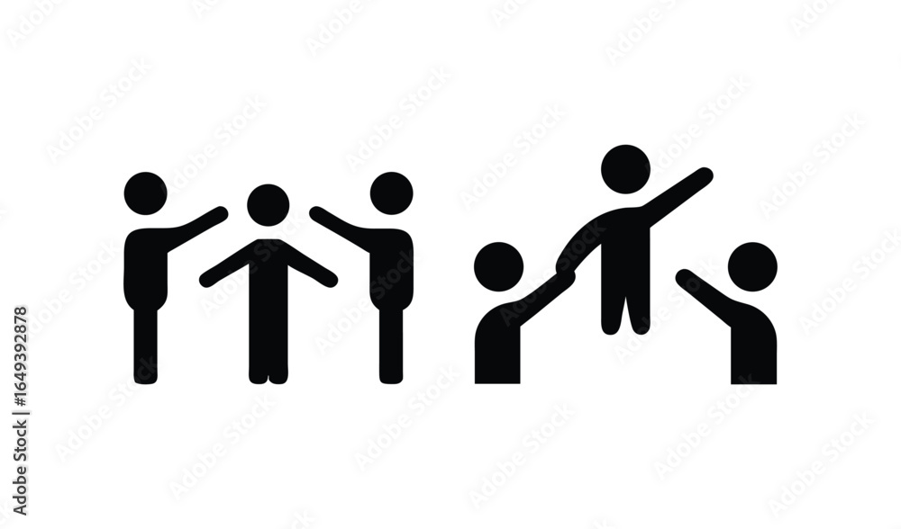 Group of stick figures celebrating with raised arms and one person being lifted Group of stick figures celebrating with raised arms and one person being lifted