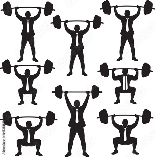 Silhouettes of businessmen in suits lifting barbells in various poses businessman
