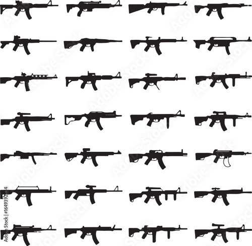 Extensive Collection of Rifle and Gun Silhouettes on White Background weapon firearm