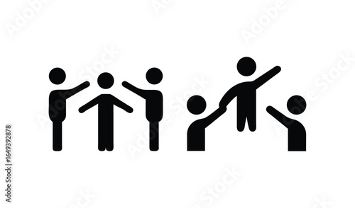 Group of stick figures celebrating with raised arms and one person being lifted