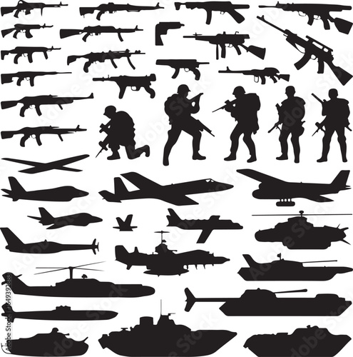 Comprehensive Military Equipment and Soldier Silhouettes on White Background tank warship