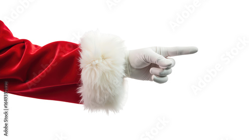 Festive red sleeve with fluffy white cuff extends gloved hand, pointing in cheerful manner. This evokes sense of holiday spirit and joy