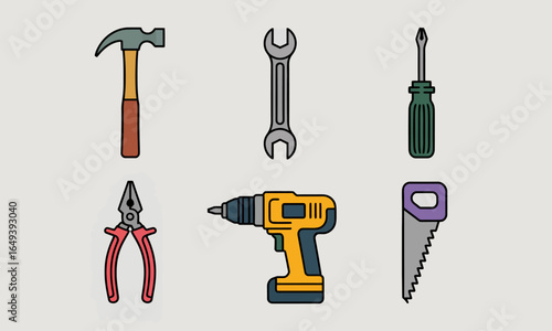 Colorful illustrated set of essential hand and power tools for construction and repair.