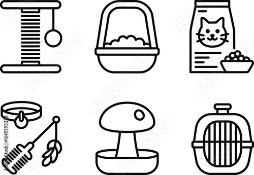 Minimalist Line Art of Cat Tree, Litter Box, Food Bag, Collar, Toy, and Carrier