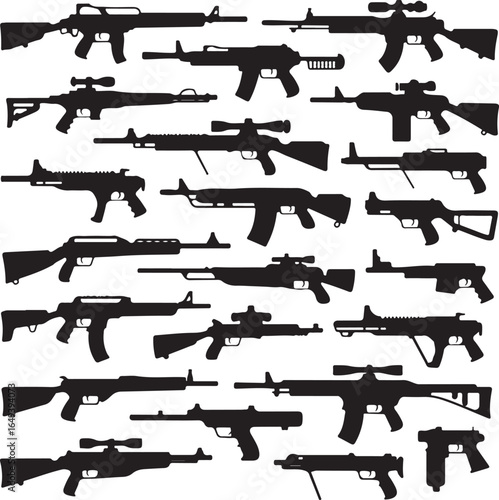 Assortment of assault rifles and sniper rifles in silhouette weapon firearm