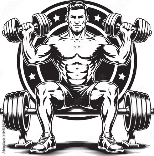 Muscular man sitting on a bench lifting dumbbells with a circular emblem bodybuilder