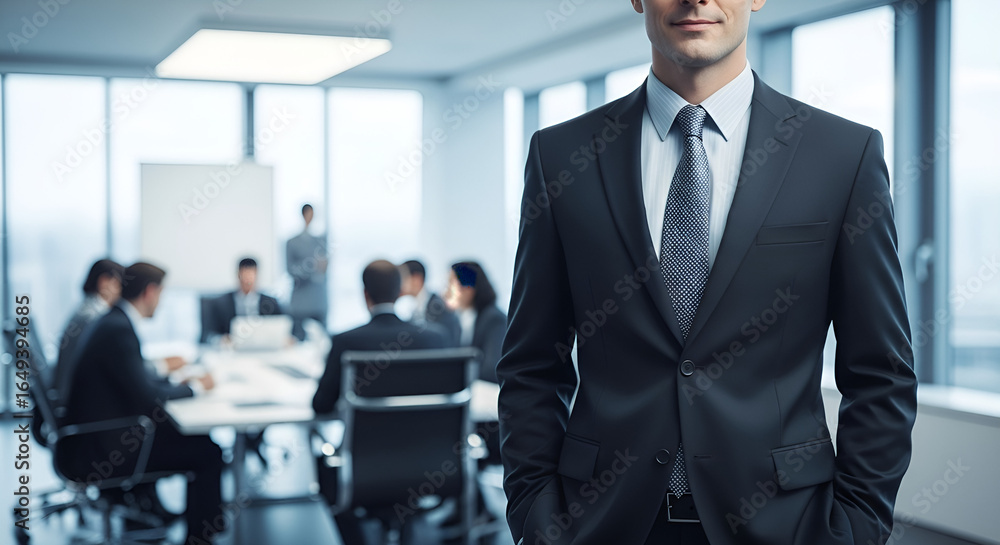 Fototapeta premium Successful executive embodies leadership during corporate meeting in a modern office space with city views
