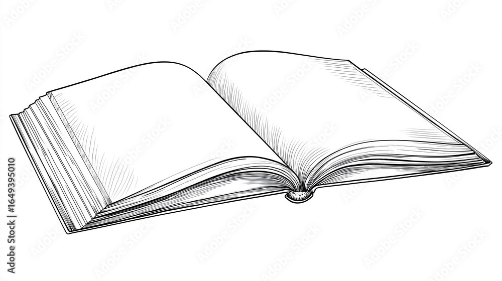 Obraz premium Hand-drawn black-white open book outline with blank pages, knowledge symbol vector for logos or education. 