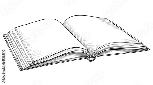 Hand-drawn black-white open book outline with blank pages, knowledge symbol vector for logos or education.
