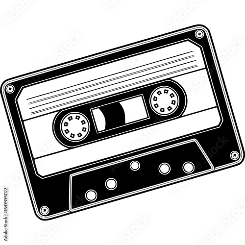 Retro Audio Cassette: A monochrome illustration captures a classic audio cassette, a symbol of nostalgic music, perfect for design projects and vintage themes. 