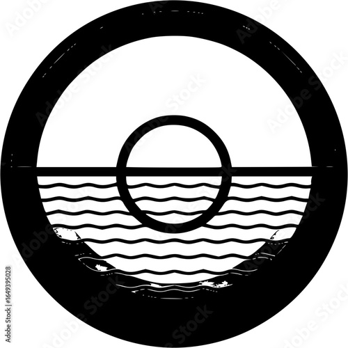 Circular Serenity: A minimalist emblem of a rising sun over serene water, designed with clean lines and bold contrast.