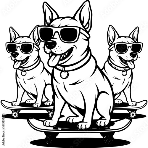 Cool Pups: A group of cool dogs, each sporting sunglasses and a laid-back attitude, sit atop skateboards, showcasing their playful spirit and undeniable charm.