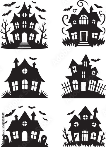 Spooky haunted house silhouettes with bats and graves