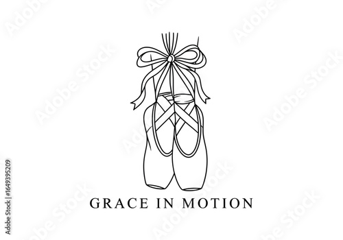 Ballet pointe shoes with ribbon and text grace in motion isolated on white background