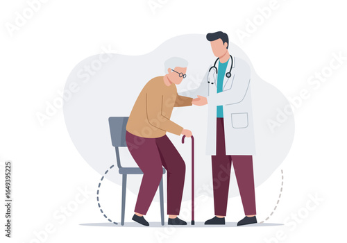 Compassionate doctor assisting elderly patient with cane to stand from chair in modern clinic