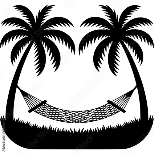 Tropical Getaway Silhouette: A tranquil scene of two palm trees flanking a relaxing hammock, inviting viewers to escape to a tropical paradise and enjoy a moment of leisure.