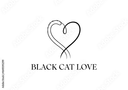 Black cat love text with heart shape isolated on white background