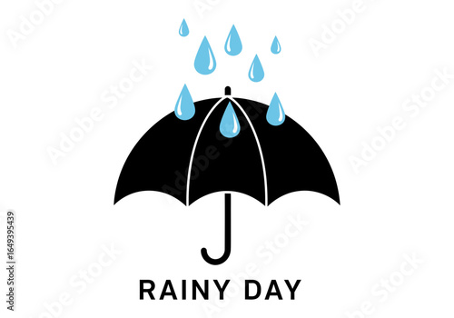 Black umbrella with blue raindrops falling, isolated on white background