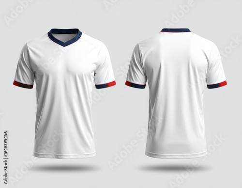 Wallpaper Mural White v-neck sports t-shirt with blue and red sleeve cuffs, front and back view mockup for design presentation Torontodigital.ca