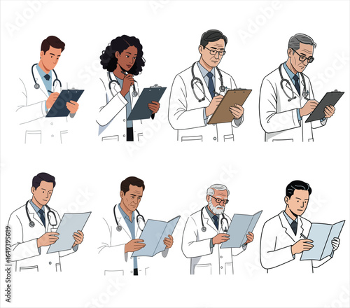 Diverse team of doctors reviewing medical records and patient information in a clinical setting