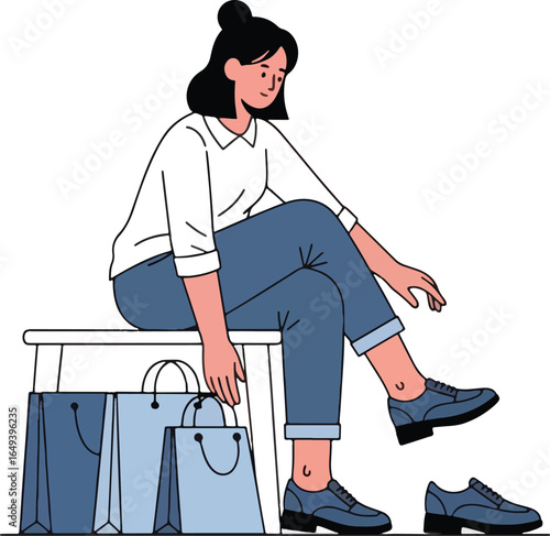 Woman sitting trying on shoes with shopping bags next to her.