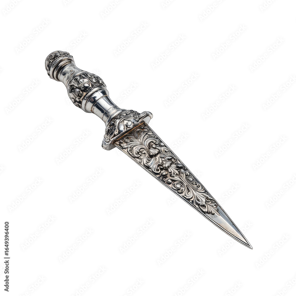 Ornate silver dagger, detailed carving, black background, historical artifact, collectible Ornate silver dagger, detailed carving, black background, historical artifact, collectible