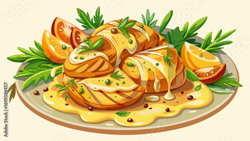 Creamy mustard sauce envelops delicious grilled chicken pieces, garnished with fresh herbs, creating a mouthwatering dish perfect for any meal, ideal for realistic vector food illustration full of fla