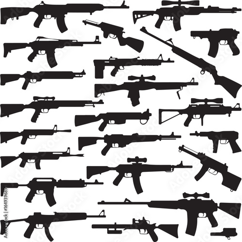 Assortment of assault rifles and sniper rifles in silhouette weapon firearm
