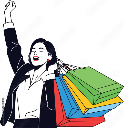 Excited woman with shopping bags raising her arm in celebration of a successful shopping trip.