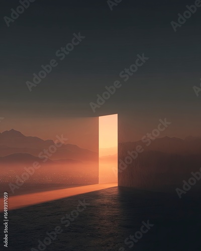 Photorealistic doorway open to warm backlight, subtle halo haze beyond.