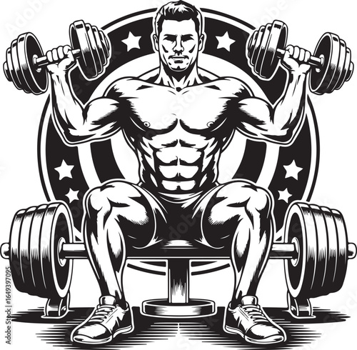 Muscular man lifting dumbbells on a bench with barbells on a white background fitness workout