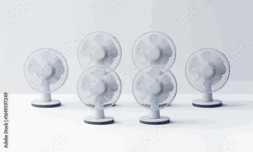 Multiple White Electric Fans with Circular Bases and Protective Grills