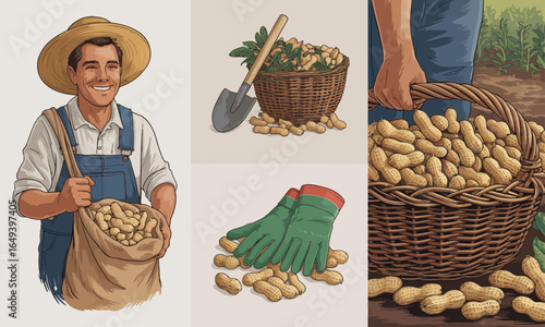 Peanut harvesting illustration set featuring a smiling farmer, wicker basket, sack, and tools.