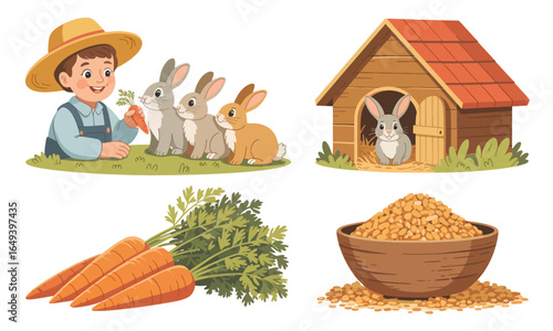 Rabbit farming and pet care illustration set with a boy feeding bunnies, a hutch, and food.