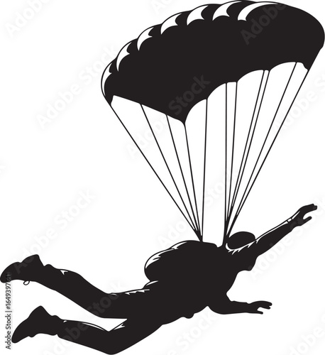 Skydiver soaring through air with open parachute above