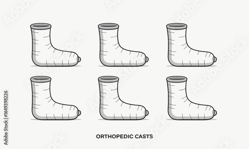 Set of six white orthopedic leg casts with grey shading and black outlines in a flat design style.