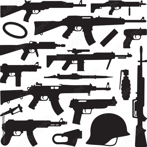 Silhouette collection of firearms grenades and military helmet on white background