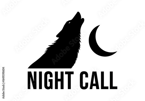 Wolf howling at the moon with night call text, isolated on white background