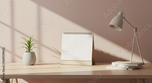 A blank calendar sits on a wooden desk with a potted plant and a lamp