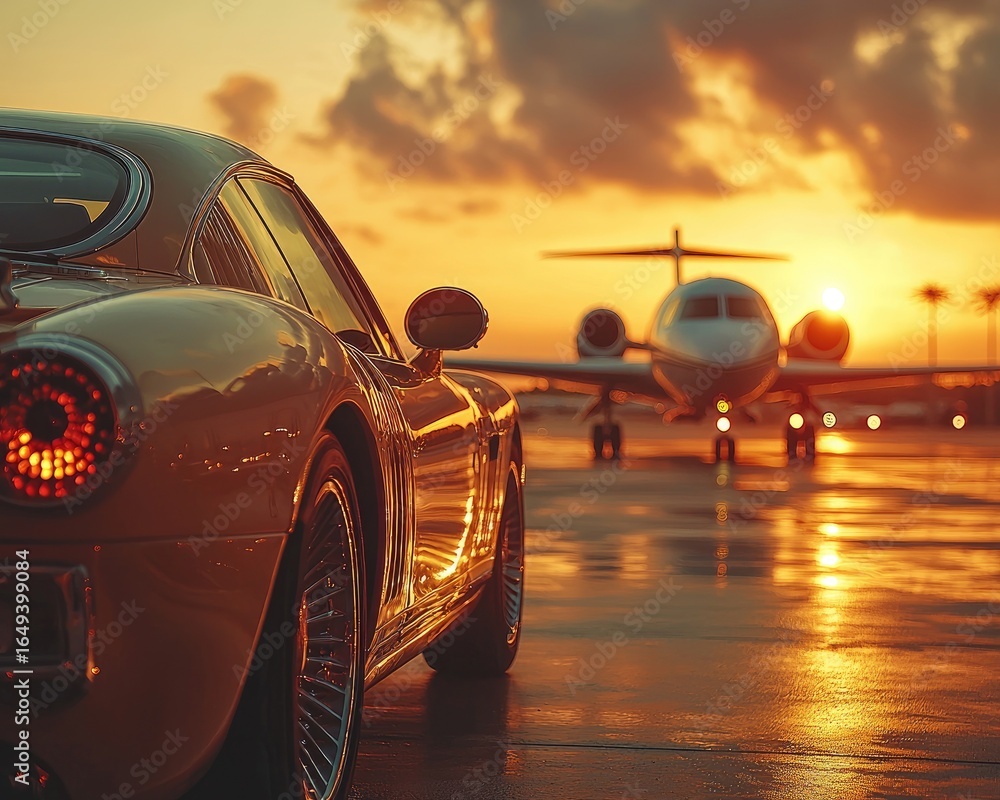 Obraz premium Golden Arrival A sleek, classic car sits poised on a wet tarmac against a backdrop of a private jet preparing for takeoff at sunset. The sky is ablaze with golden hues