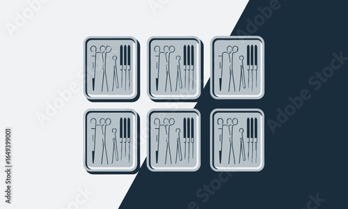 Six Illustrated Sets of Dental Instruments in Grey Trays