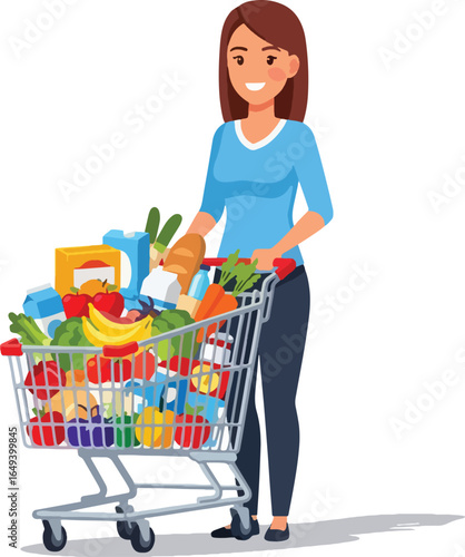 Woman with a shopping cart full of groceries, including fruits and vegetables.