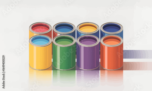 Stylized illustration of eight open metal paint cans in a vibrant rainbow palette arranged in two rows.