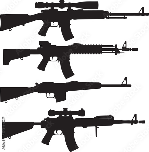 Four distinct rifle silhouettes with scopes and scopes against white sniper rifle assault rifle