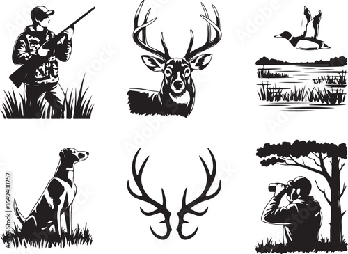 Hunter watches wildlife, deer, duck, dog, binoculars, nature