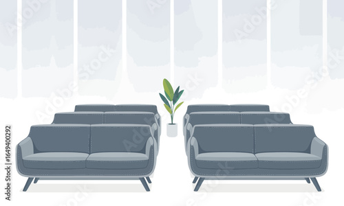 Two rows of modern grey sofas with stitched details in a minimalist waiting area illustration.