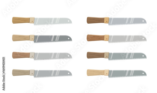 Vector illustration set of eight hand saws with varied wood grain handles and serrated steel blades.