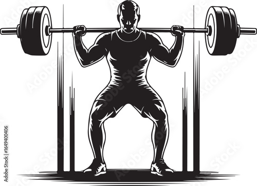Silhouette of a man performing a barbell squat with weights in a gym setting bodybuilding fitness