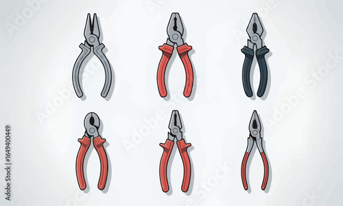 Vector set of various pliers and cutters, featuring red, black, and grey handles, in a flat style.