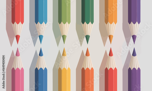 Vibrant collection of twelve sharpened colored pencils arranged in two neat rows, flat graphic style.